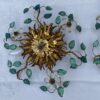 1970′ Ceiling Light or Sconce Decorated with Flowers and Leaves in Golden Metal Maison Baguès or Banci Style Blue Glass Leaves - Image 4