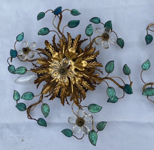 1970′ Ceiling Light or Sconce Decorated with Flowers and Leaves in Golden Metal Maison Baguès or Banci Style Blue Glass Leaves - Image 4
