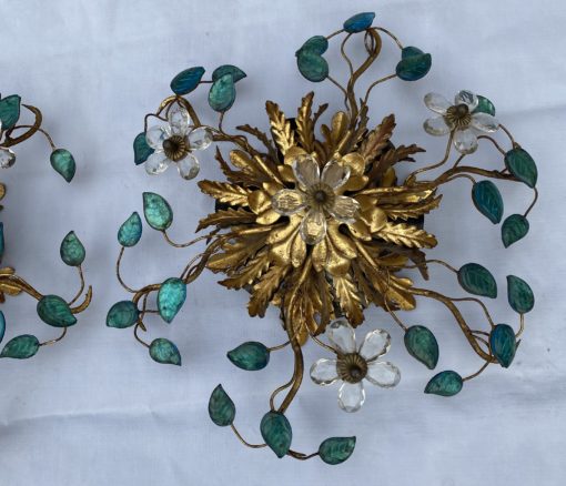 1970′ Ceiling Light or Sconce Decorated with Flowers and Leaves in Golden Metal Maison Baguès or Banci Style Blue Glass Leaves - Image 3