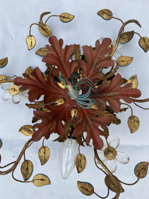 1970′ Ceiling Light or Sconce Decorated with Flowers and Leaves in Golden Metal Maison Baguès or Banci Style Blue Glass Leaves - Image 2