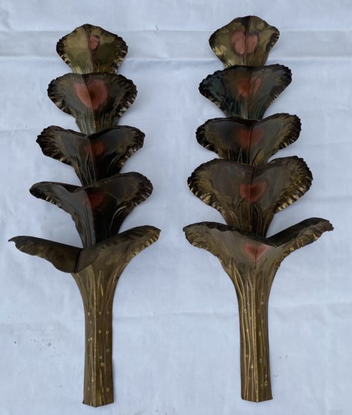 1970′ Pair of Patinated Brass Wall Lights Allegory Ginkgo Foliage with 4 Bulbs Symbol Longevity H 85 X 31 cm