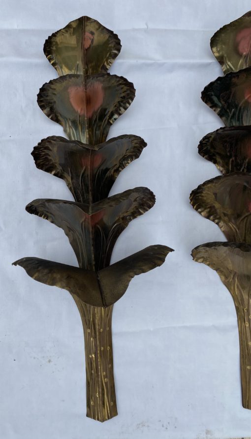 1970′ Pair of Patinated Brass Wall Lights Allegory Ginkgo Foliage with 4 Bulbs Symbol Longevity H 85 X 31 cm - Image 5