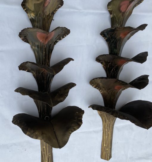 1970′ Pair of Patinated Brass Wall Lights Allegory Ginkgo Foliage with 4 Bulbs Symbol Longevity H 85 X 31 cm - Image 4