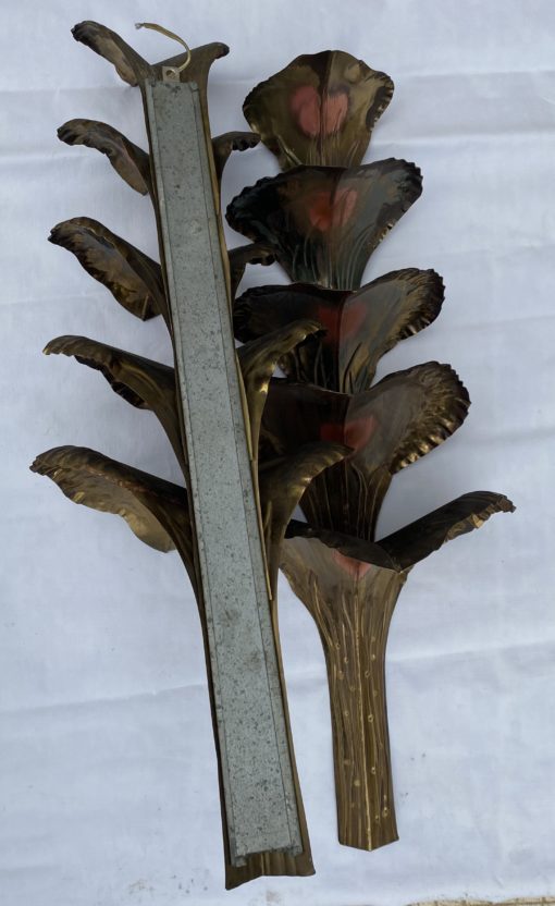 1970′ Pair of Patinated Brass Wall Lights Allegory Ginkgo Foliage with 4 Bulbs Symbol Longevity H 85 X 31 cm - Image 2