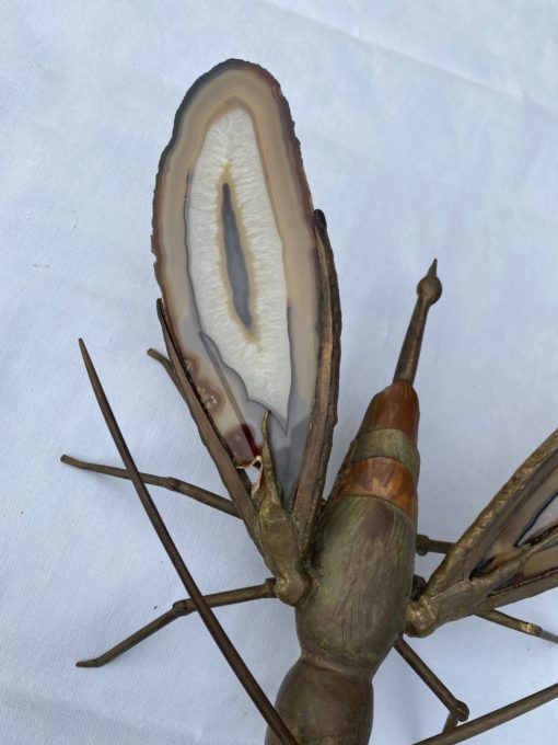 1970′ Mosquito Wall Lamp in Bronze or Brass, Duval Brasseur Or Isabelle Faure, Signed Bihan, Agate Wings: 30 X H 30 cm - Image 5