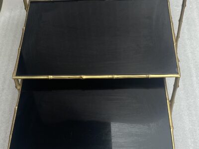 1970′ Tables Gigognes Maison Baguès, 3 Plateaux Miroir Noir et Montants Décor Bambou 61X 40 X H 45 cm