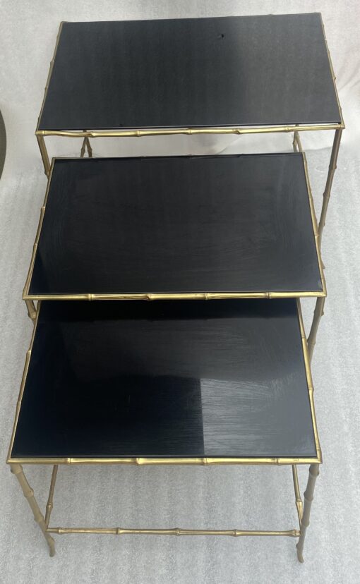 1970′ Maison Baguès Nesting Tables, 3 Black Mirror Trays and Bamboo Decor Uprights 61 X 40 X H 45 cm