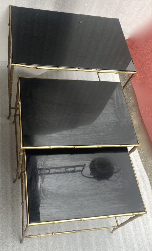 1970′ Maison Baguès Nesting Tables, 3 Black Mirror Trays and Bamboo Decor Uprights 61 X 40 X H 45 cm - Image 12