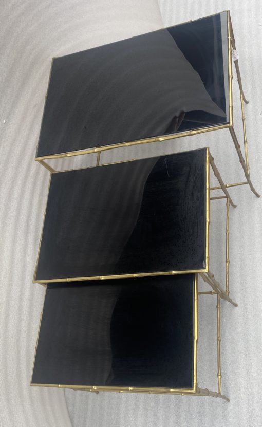 1970′ Maison Baguès Nesting Tables, 3 Black Mirror Trays and Bamboo Decor Uprights 61 X 40 X H 45 cm - Image 11