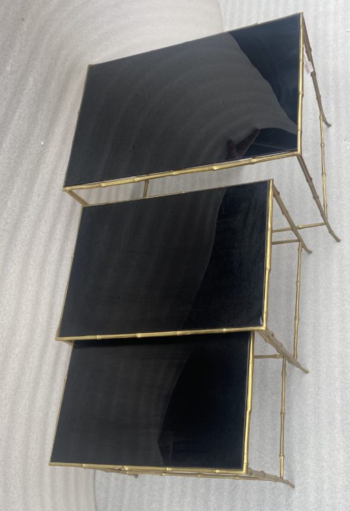 1970′ Maison Baguès Nesting Tables, 3 Black Mirror Trays and Bamboo Decor Uprights 61 X 40 X H 45 cm - Image 10