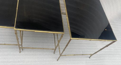 1970′ Maison Baguès Nesting Tables, 3 Black Mirror Trays and Bamboo Decor Uprights 61 X 40 X H 45 cm - Image 9