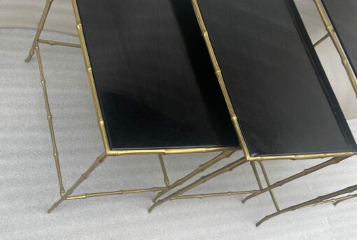 1970′ Maison Baguès Nesting Tables, 3 Black Mirror Trays and Bamboo Decor Uprights 61 X 40 X H 45 cm - Image 7