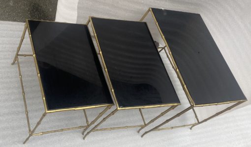 1970′ Maison Baguès Nesting Tables, 3 Black Mirror Trays and Bamboo Decor Uprights 61 X 40 X H 45 cm - Image 6