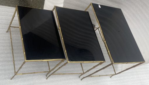 1970′ Maison Baguès Nesting Tables, 3 Black Mirror Trays and Bamboo Decor Uprights 61 X 40 X H 45 cm - Image 5