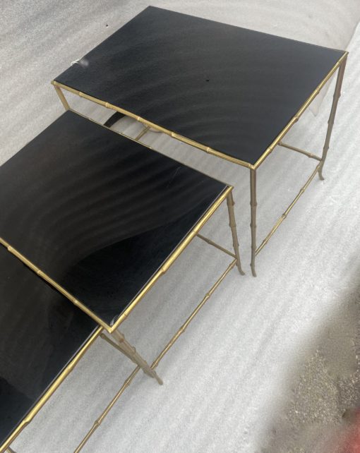1970′ Maison Baguès Nesting Tables, 3 Black Mirror Trays and Bamboo Decor Uprights 61 X 40 X H 45 cm - Image 4