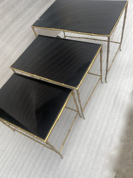 1970′ Maison Baguès Nesting Tables, 3 Black Mirror Trays and Bamboo Decor Uprights 61 X 40 X H 45 cm - Image 3