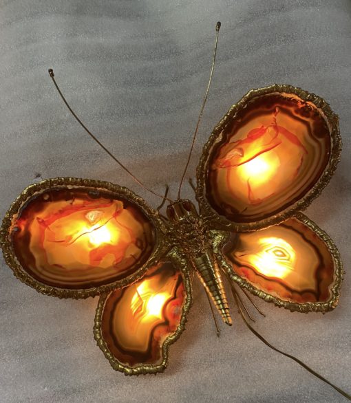 1970’Applique Papillon en Bronze ou Laiton, Duval Brasseur Ou Isabelle Faure, 4 Ampoules, Ailes d’Agate : 44 X H 46 cm – Image 7