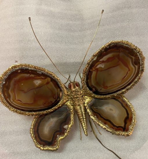 1970’Applique Papillon en Bronze ou Laiton, Duval Brasseur Ou Isabelle Faure, 4 Ampoules, Ailes d’Agate : 44 X H 46 cm – Image 4