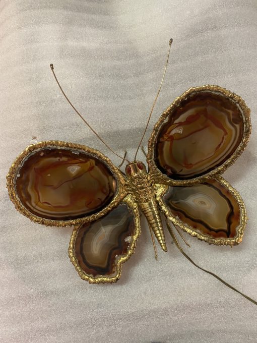 1970’Applique Papillon en Bronze ou Laiton, Duval Brasseur Ou Isabelle Faure, 4 Ampoules, Ailes d’Agate : 44 X H 46 cm – Image 3
