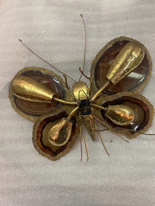 1970’Applique Papillon en Bronze ou Laiton, Duval Brasseur Ou Isabelle Faure, 4 Ampoules, Ailes d’Agate : 44 X H 46 cm – Image 2