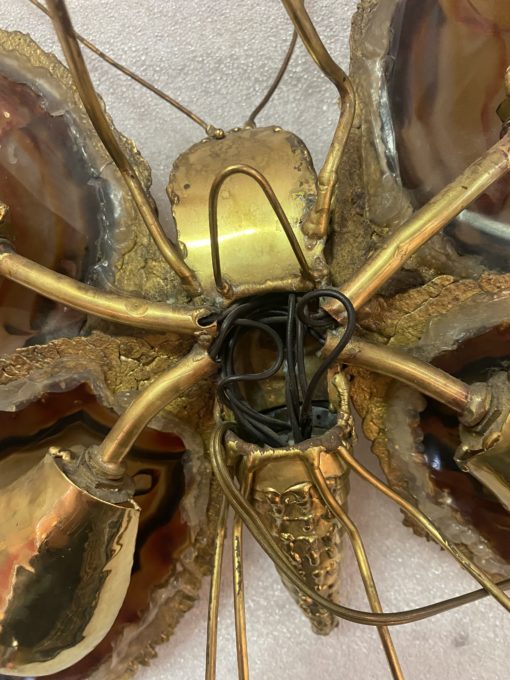 1970’Applique Papillon en Bronze ou Laiton, Duval Brasseur Ou Isabelle Faure, 4 Ampoules, Ailes d’Agate : 44 X H 46 cm – Image 9