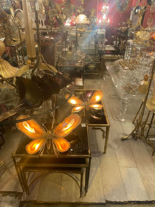 1970′ Pair Of Butterfly Sconces In Bronze Or Brass, Duval Brasseur Or Isabelle Faure, 4 Bulbs, Agate Wings: 53X H 45 cm - Image 2
