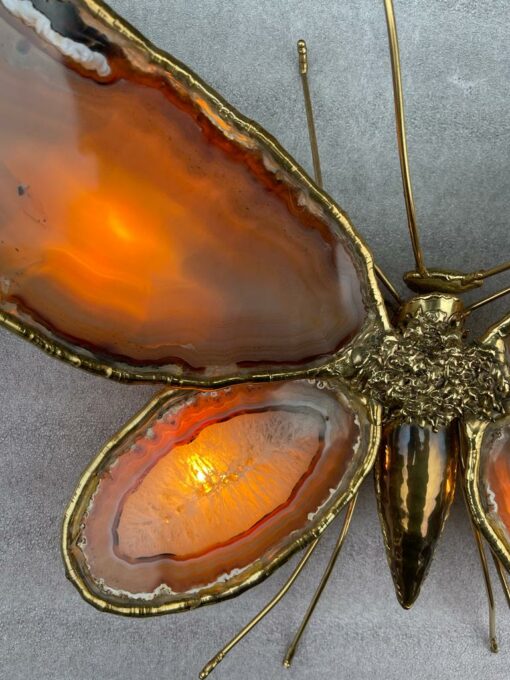1970′ Pair Of Butterfly Sconces In Bronze Or Brass, Duval Brasseur Or Isabelle Faure, 4 Bulbs, Agate Wings: 53X H 45 cm - Image 9