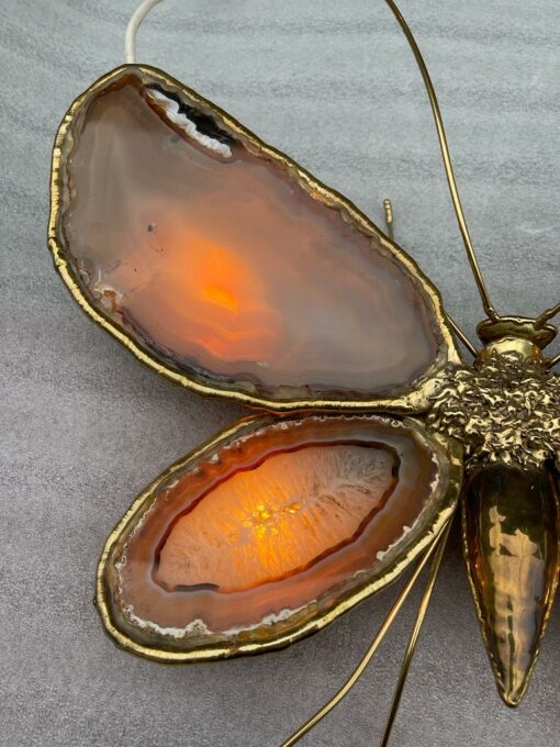 1970′ Pair Of Butterfly Sconces In Bronze Or Brass, Duval Brasseur Or Isabelle Faure, 4 Bulbs, Agate Wings: 53X H 45 cm - Image 8