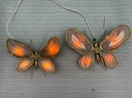1970′ Pair Of Butterfly Sconces In Bronze Or Brass, Duval Brasseur Or Isabelle Faure, 4 Bulbs, Agate Wings: 53X H 45 cm