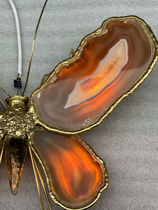 1970′ Pair Of Butterfly Sconces In Bronze Or Brass, Duval Brasseur Or Isabelle Faure, 4 Bulbs, Agate Wings: 53X H 45 cm - Image 6