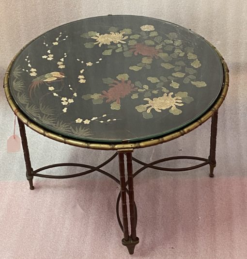 1950/70′ Round Bronze Coffee Table Palm Tree Decor, Black Chinese Lacquer Tray In The Style Of Maison Baguès - Image 14