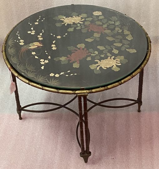 1950/70′ Round Bronze Coffee Table Palm Tree Decor, Black Chinese Lacquer Tray In The Style Of Maison Baguès - Image 13