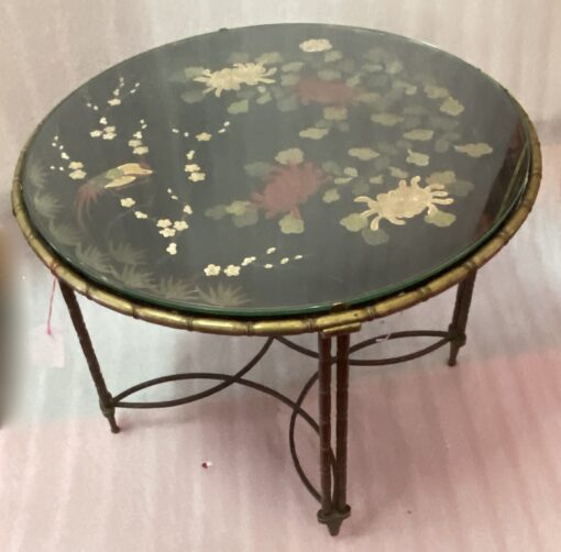 1950/70′ Round Bronze Coffee Table Palm Tree Decor, Black Chinese Lacquer Tray In The Style Of Maison Baguès - Image 12