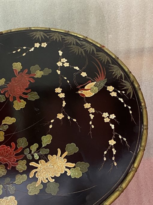 1950/70′ Round Bronze Coffee Table Palm Tree Decor, Black Chinese Lacquer Tray In The Style Of Maison Baguès - Image 4