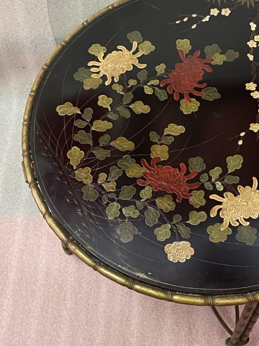 1950/70′ Round Bronze Coffee Table Palm Tree Decor, Black Chinese Lacquer Tray In The Style Of Maison Baguès - Image 3