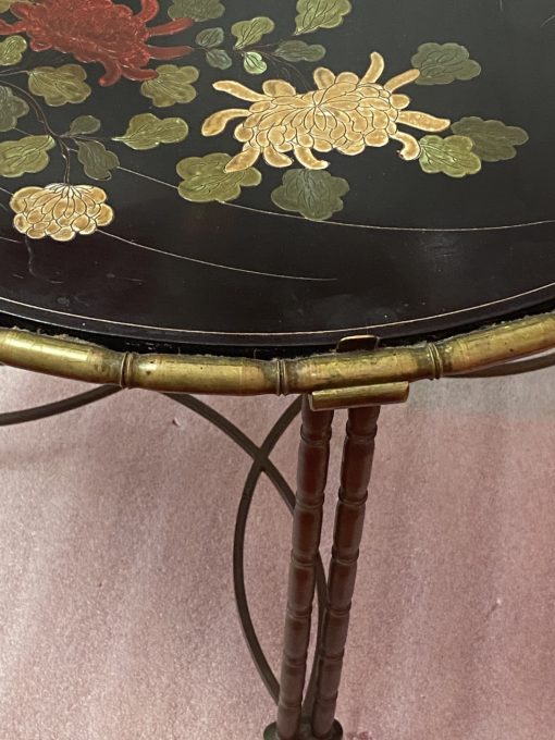 1950/70′ Round Bronze Coffee Table Palm Tree Decor, Black Chinese Lacquer Tray In The Style Of Maison Baguès - Image 2