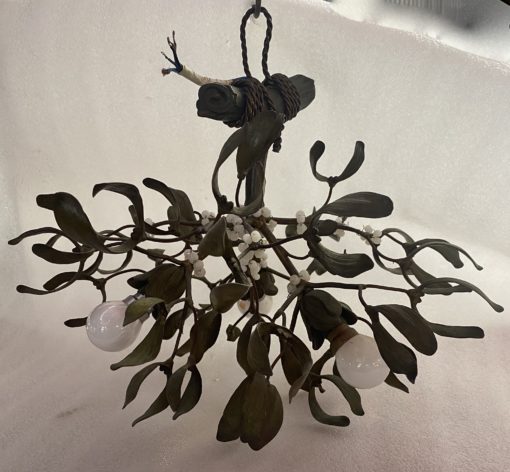 1900′ Art Nouveau Bronze Mistletoe Chandelier with 3 Bulbs ∅ 44 cm H 37 cm Sockets In The Shape Of Tulips - Image 2