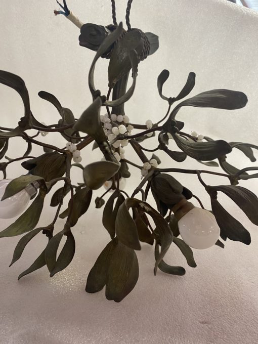 1900′ Art Nouveau Bronze Mistletoe Chandelier with 3 Bulbs ∅ 44 cm H 37 cm Sockets In The Shape Of Tulips - Image 8