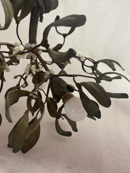 1900′ Art Nouveau Bronze Mistletoe Chandelier with 3 Bulbs ∅ 44 cm H 37 cm Sockets In The Shape Of Tulips - Image 7