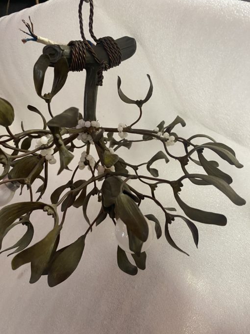 1900′ Art Nouveau Bronze Mistletoe Chandelier with 3 Bulbs ∅ 44 cm H 37 cm Sockets In The Shape Of Tulips - Image 6