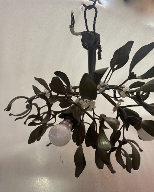 1900′ Art Nouveau Bronze Mistletoe Chandelier with 3 Bulbs ∅ 44 cm H 37 cm Sockets In The Shape Of Tulips - Image 5