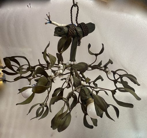 1900′ Art Nouveau Bronze Mistletoe Chandelier with 3 Bulbs ∅ 44 cm H 37 cm Sockets In The Shape Of Tulips - Image 4