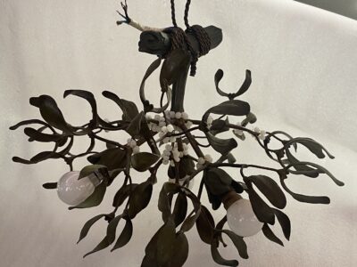 1900′ Art Nouveau Bronze Mistletoe Chandelier with 3 Bulbs ∅ 44 cm H 37 cm Sockets In The Shape Of Tulips