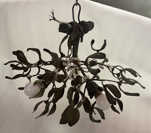 1900′ Art Nouveau Bronze Mistletoe Chandelier with 3 Bulbs ∅ 44 cm H 37 cm Sockets In The Shape Of Tulips