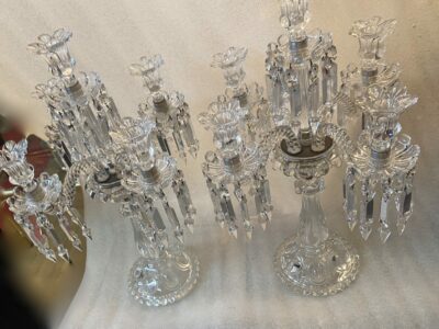 1950′ Pair of Candlesticks 4 Branches Beaded Bases And Signed In Relief BACCARAT H 55 cm