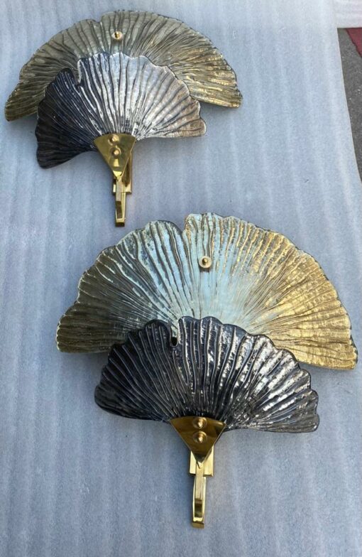 1970/90' Paire d'Appliques Aux Ginkgo Cristal Murano Violine et Or Attribuées A Toso H 70 cm