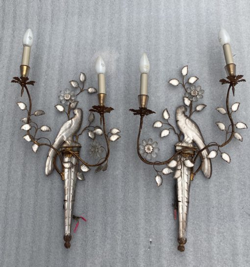 1970' Pair Of Wall Lights With Parakeet Placed On A Sheath, Maison Baguès H 63 cm