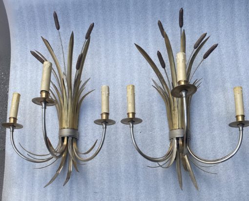 1950/70' Paire d'Appliques + Lustre en Bronze Doré Et Argenté Aux Roseaux Signés Maison Charles