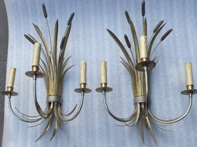 1950/70' Pair of Gilt And Silver Bronze Sconces + Chandelier With Reeds Signed Maison Charles