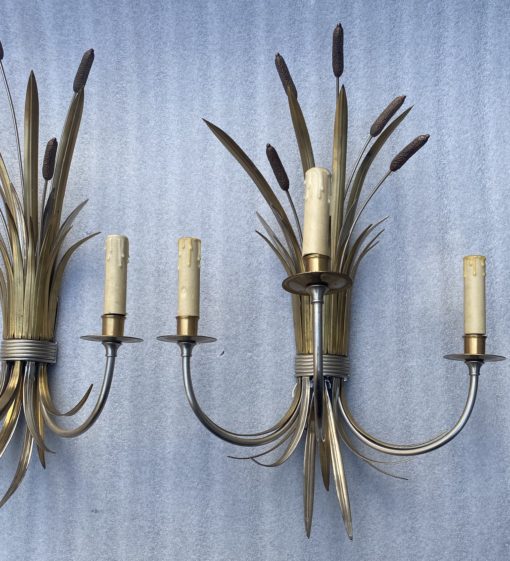 1950/70' Paire d'Appliques + Lustre en Bronze Doré Et Argenté Aux Roseaux Signés Maison Charles – Image 18